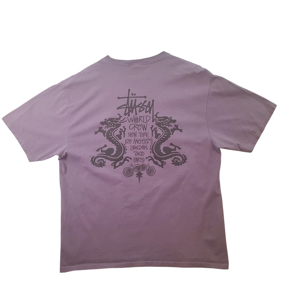Stussy Men Purple Double Dragon World Crew Graphic T-Shirt Size L Streetwear Tee